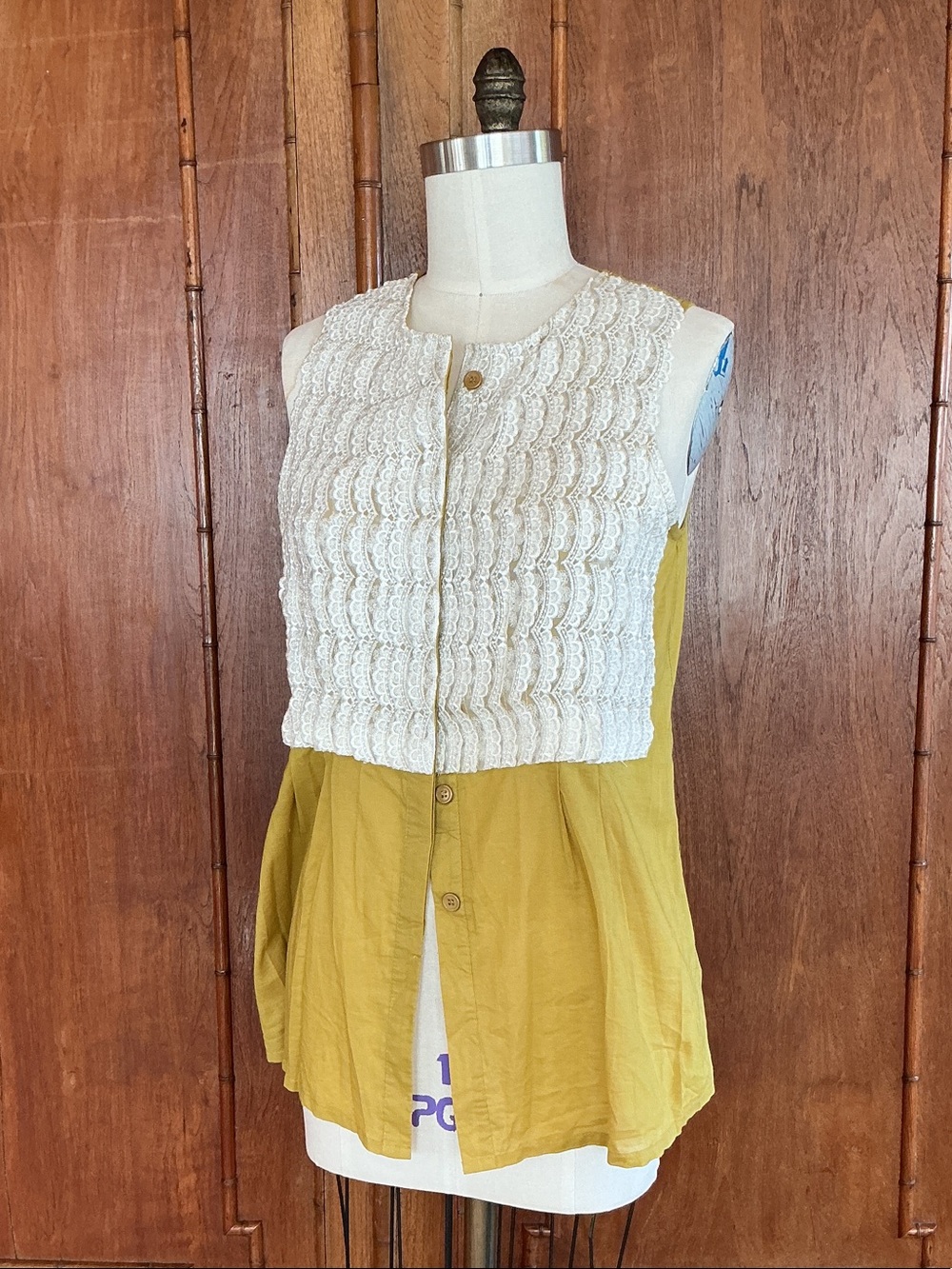 Sleeveless Mustard Yellow Tunic with Cream Lace Overlay NWOT